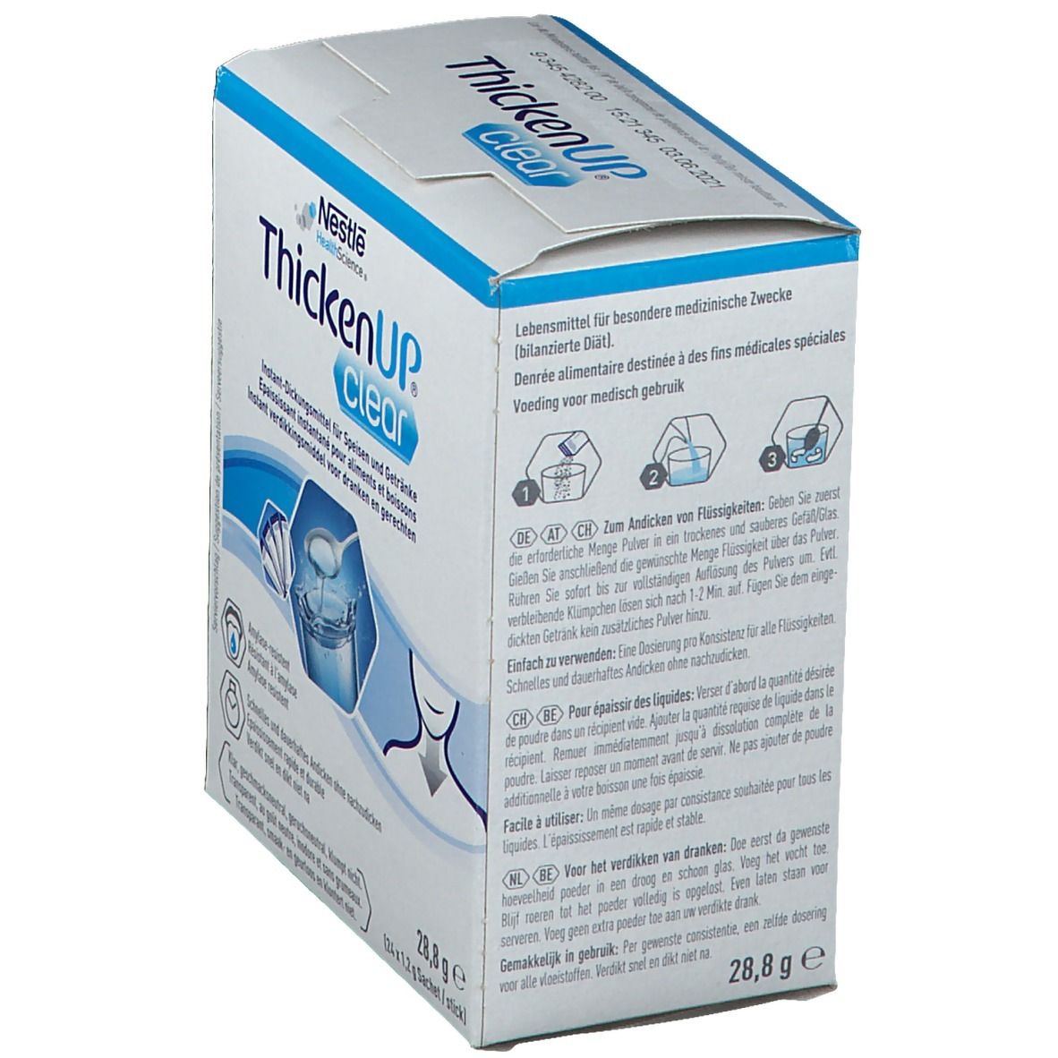 Vue en biais de l'emballage ThickenUp Clear. Texte: aliments à des fins médicales spéciales. Instructions.