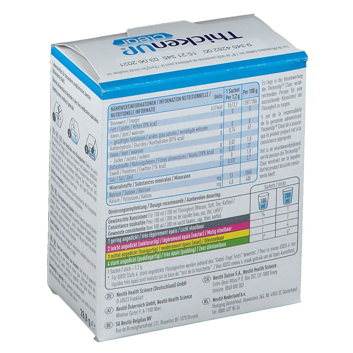 Dos de l'emballage ThickenUp Clear. Informations nutritionnelles, posologie, ingrédients et informations fabricant.