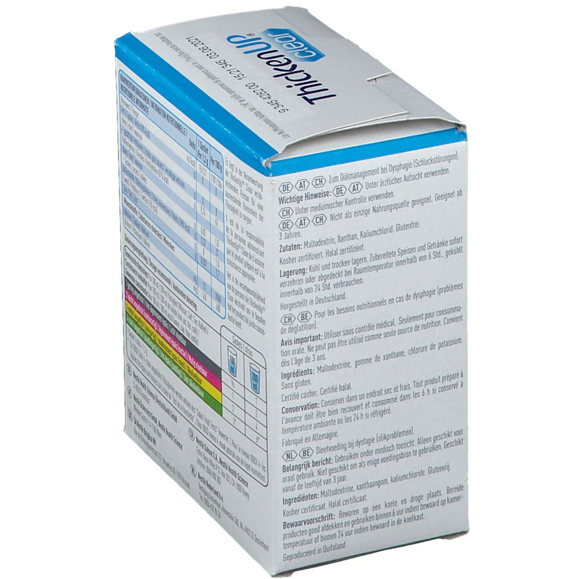 Dos de l'emballage ThickenUp Clear. Avertissements, conseils de conservation, ingrédients et informations fabricant.