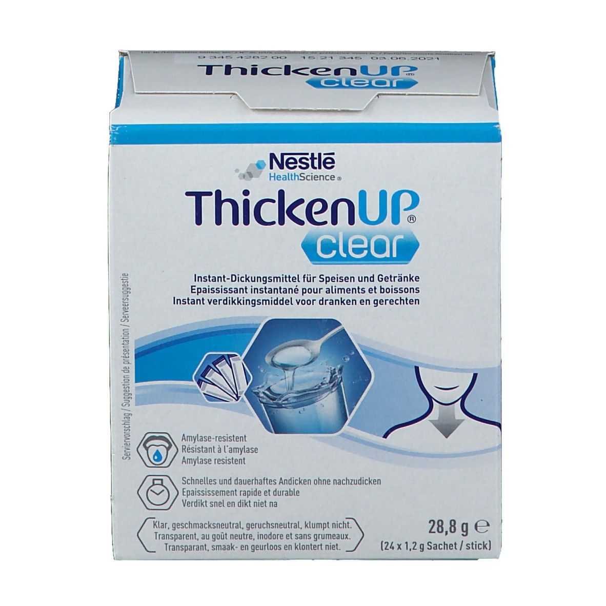 Emballage ThickenUp Clear. Inscription: épaississant instantané pour aliments et boissons. 24 sachets de 1,2 g.