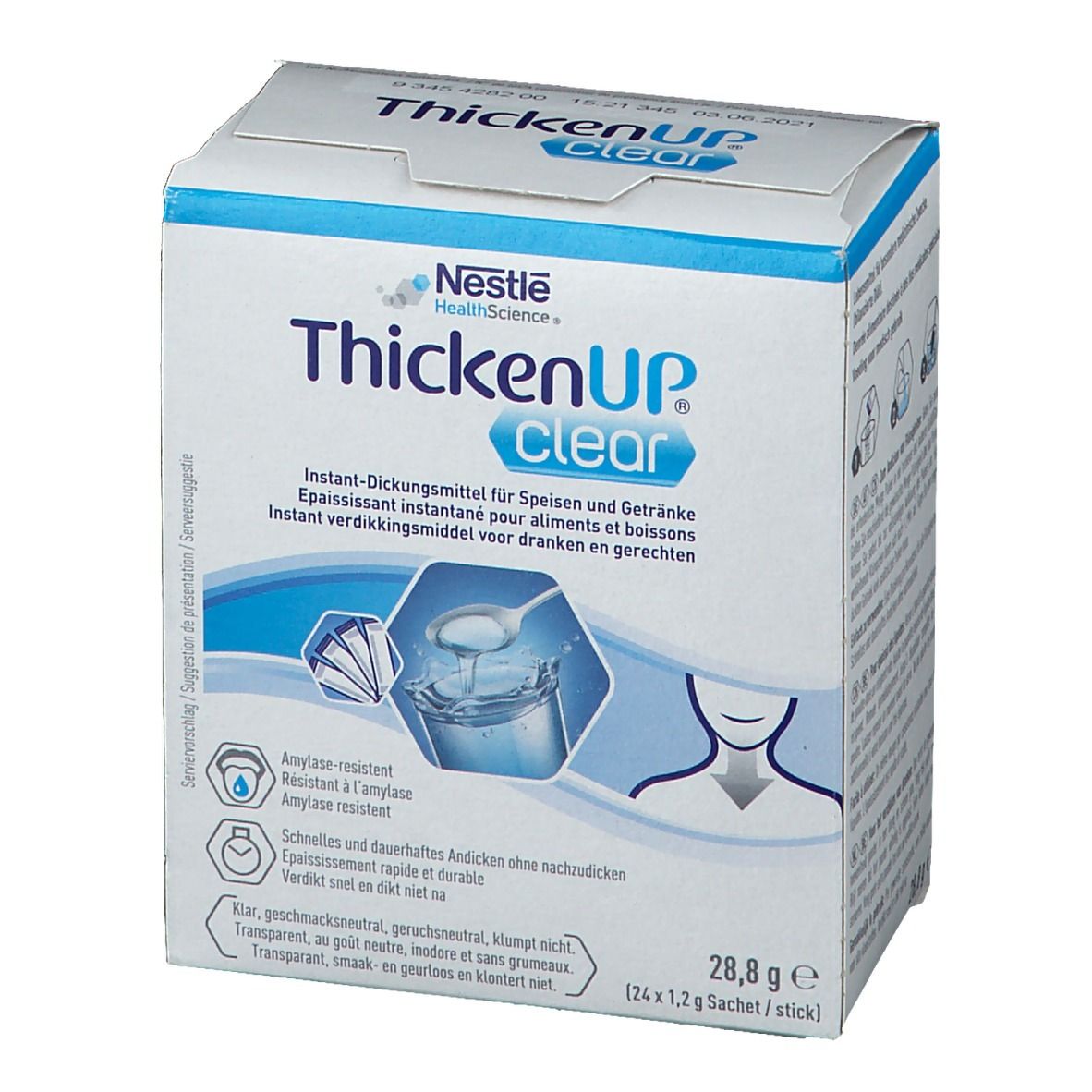 Emballage ThickenUp Clear. Inscription: épaississant instantané pour aliments et boissons. 24 sachets de 1,2 g.