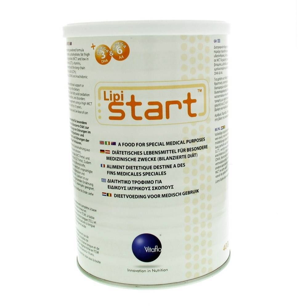 Boîte cylindrique Lipistart. Inscription: A Food for Special Medical Purposes. 400g. Logo Vitaflo.