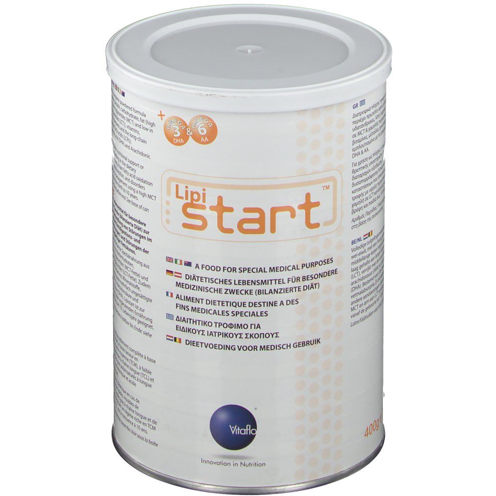 Boîte cylindrique Lipistart avec couvercle. Inscription: A Food for Special Medical Purposes. 400g.