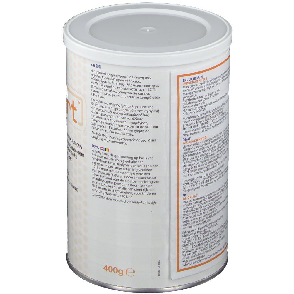 Dos de la boîte Lipistart. Texte en plusieurs langues. 400g. Informations du fabricant.