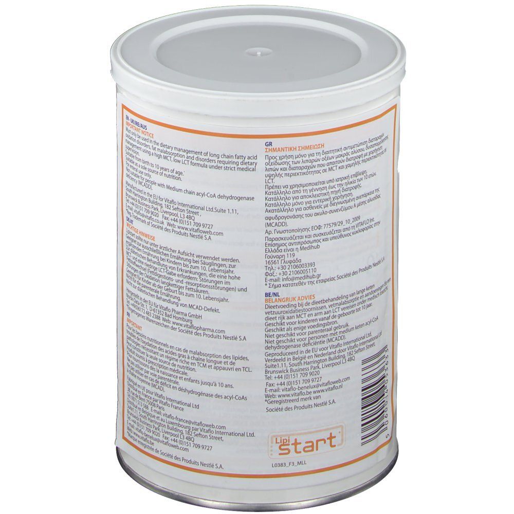 Dos de la boîte Lipistart. Texte en plusieurs langues. Informations du fabricant.