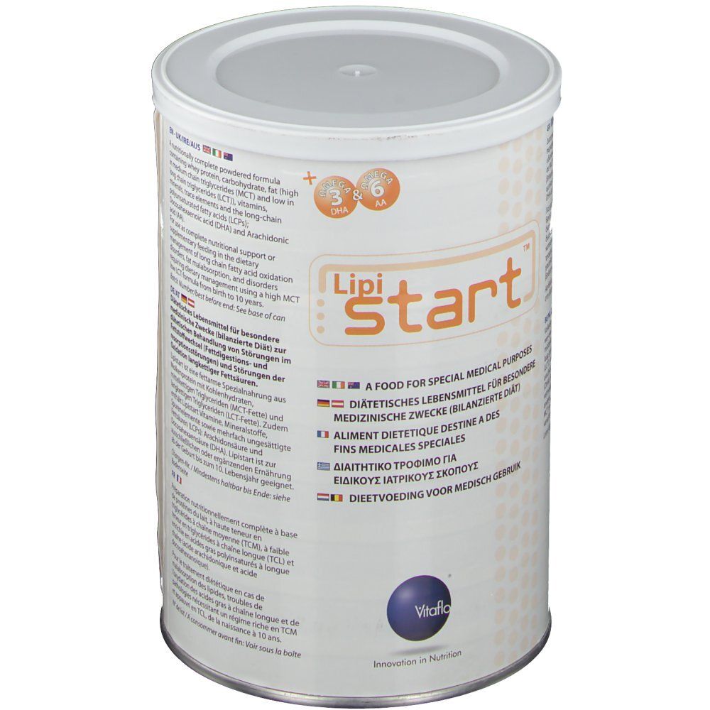 Boîte cylindrique Lipistart. Inscription: A Food for Special Medical Purposes. 400g. Logo Vitaflo.