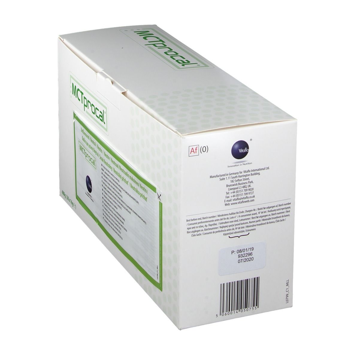 Emballage en carton avec cadre vert et inscription MCTprocal. Informations et code-barres sur le côté. Adresse du fabricant.