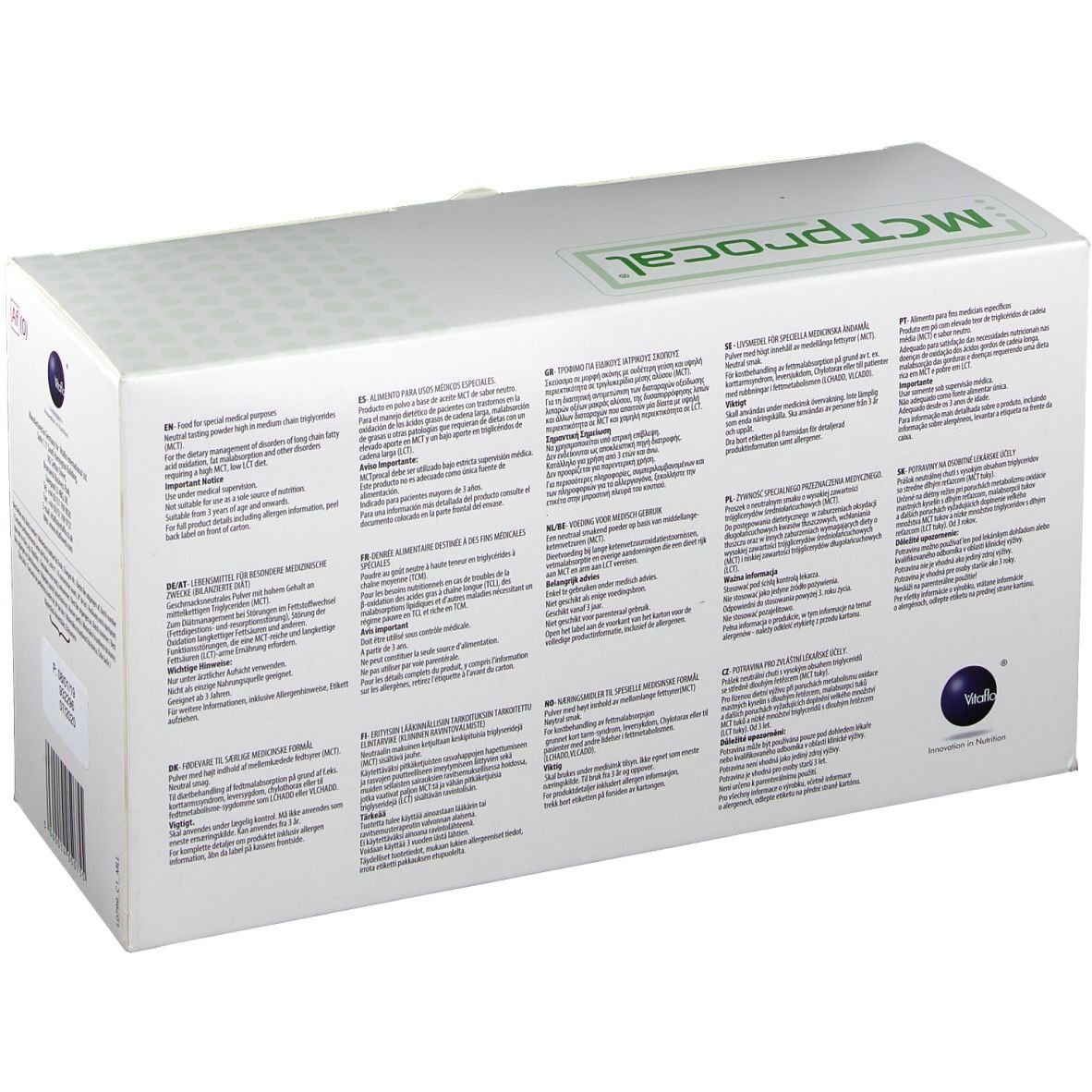 Emballage en carton avec cadre vert et inscription MCTprocal. Dos avec texte en plusieurs langues. Logo.