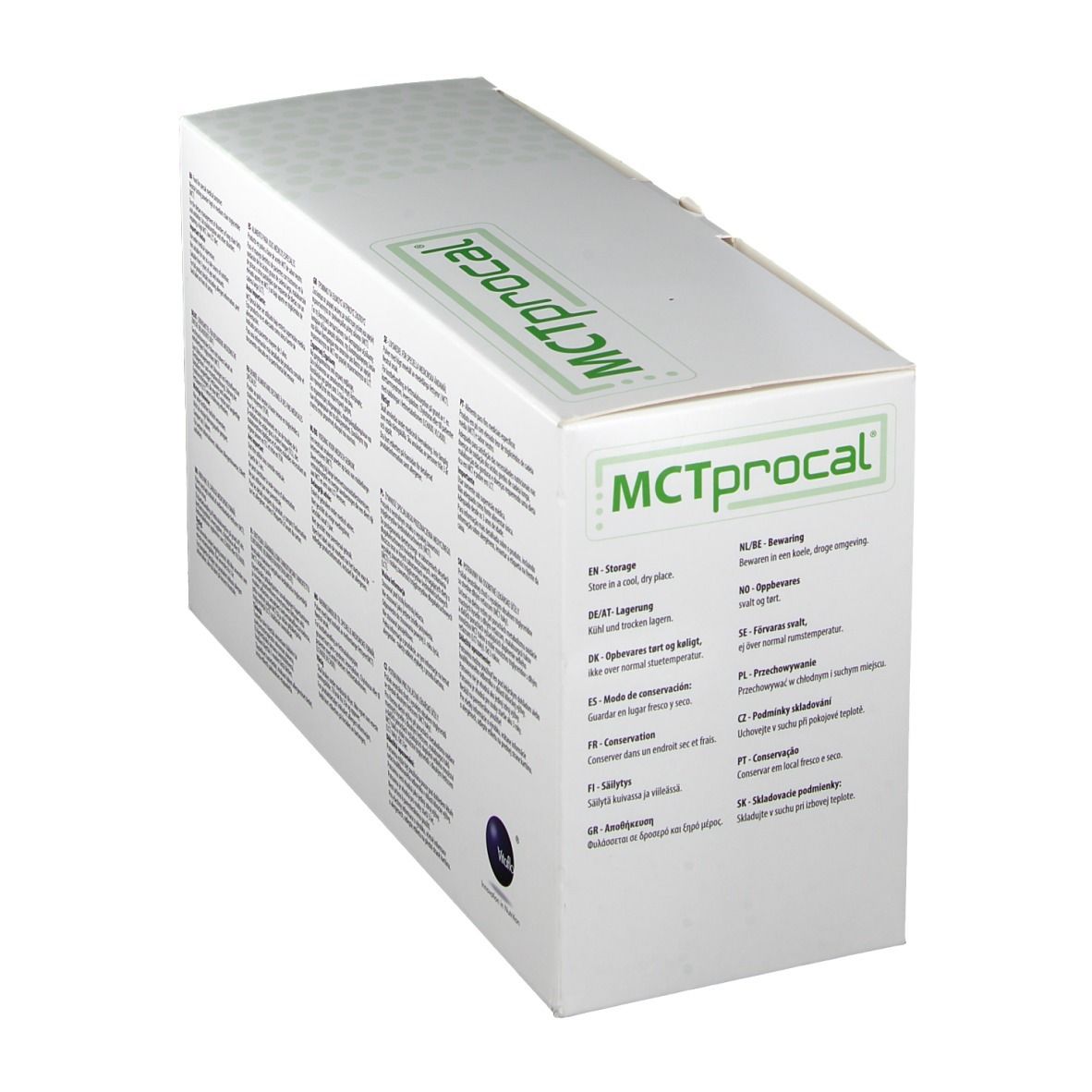 Emballage en carton avec cadre vert et inscription MCTprocal. Dos avec texte en plusieurs langues. Logo.