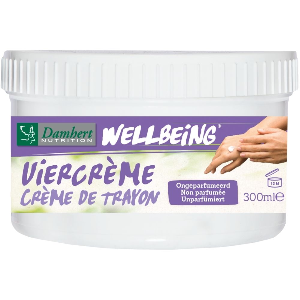 Pot blanc avec étiquette violette. Damhert Nutrition Wellbeing Viercrème / Crème de Trayon.