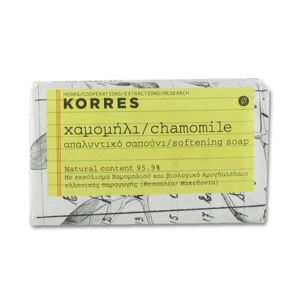 Savon KORRES® Kamille emballé. Étiquette jaune avec informations produit et texte grec.