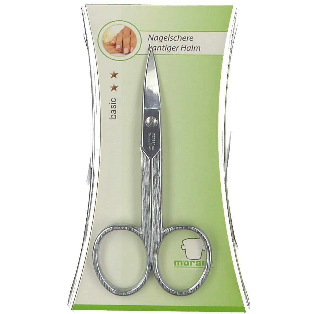 Ciseaux à ongles avec tige angulaire, emballés. Métal argenté, poignées incurvées, pointe droite. Inscription : Nagelschere kantiger Halm.