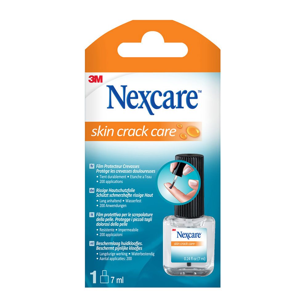 Emballage Nexcare Skin Crack Care. Flacon avec applicateur, 7 ml. Design orange et blanc avec nom du produit.