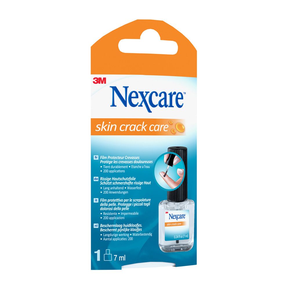 Dos de l'emballage Nexcare Skin Crack Care. Texte multilingue, informations sur le produit.