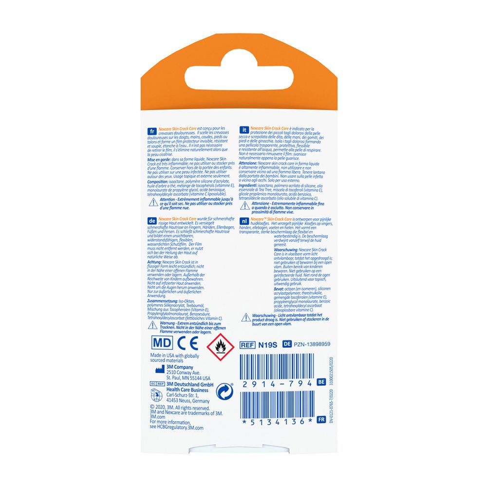 Emballage Nexcare Skin Crack Care. Flacon avec applicateur, 7 ml. Design orange et blanc avec nom du produit.