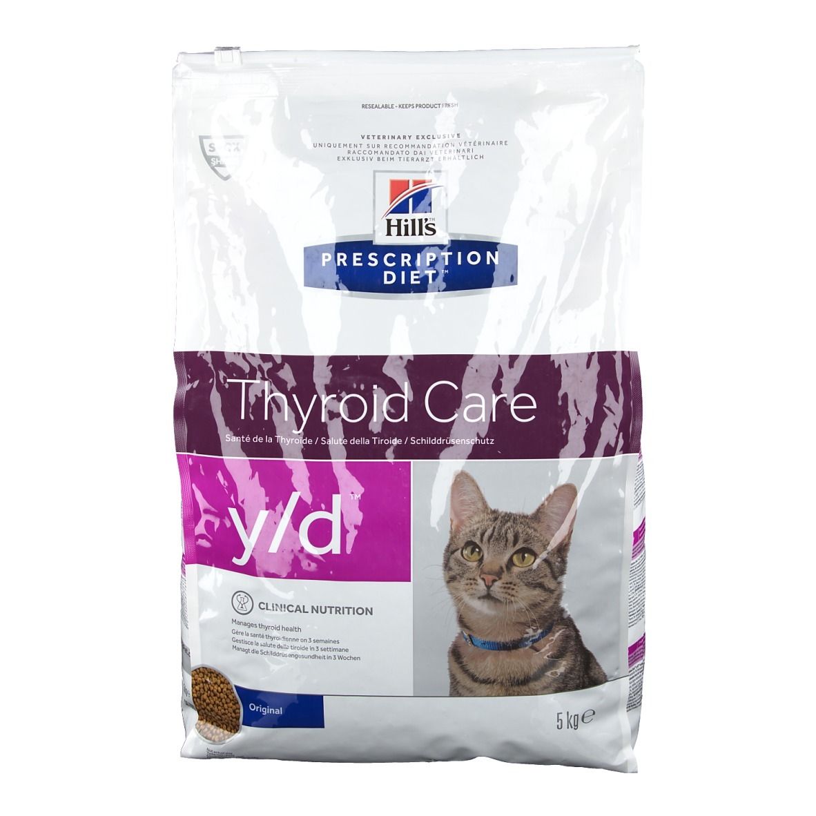 Sac de nourriture sèche. Inscription : Hills Prescription Diet y/d Thyroid Care. Image d'un chat. 5 kg.
