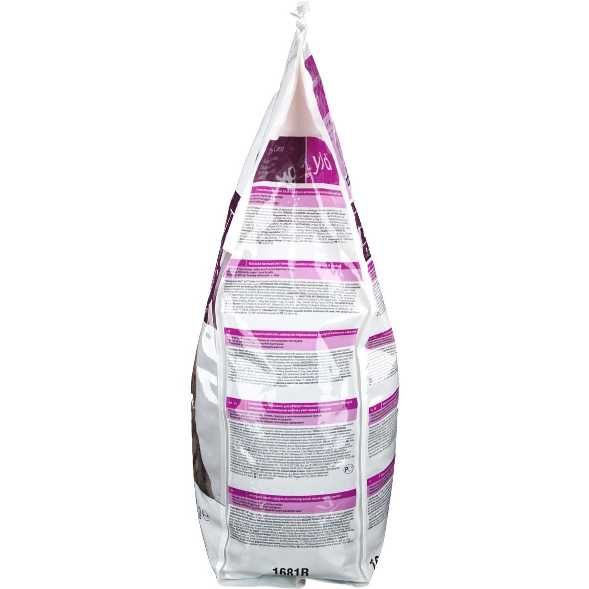 Vue latérale d'un sac de nourriture sèche. Inscription : Hills Prescription Diet y/d. Texte et logos.