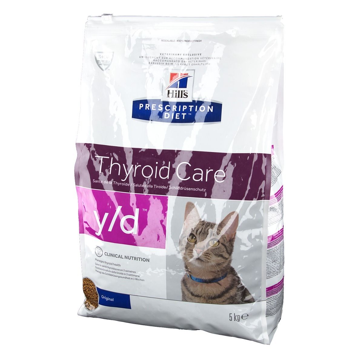 Sac de nourriture sèche. Inscription : Hills Prescription Diet y/d Thyroid Care. Image d'un chat. 5 kg.
