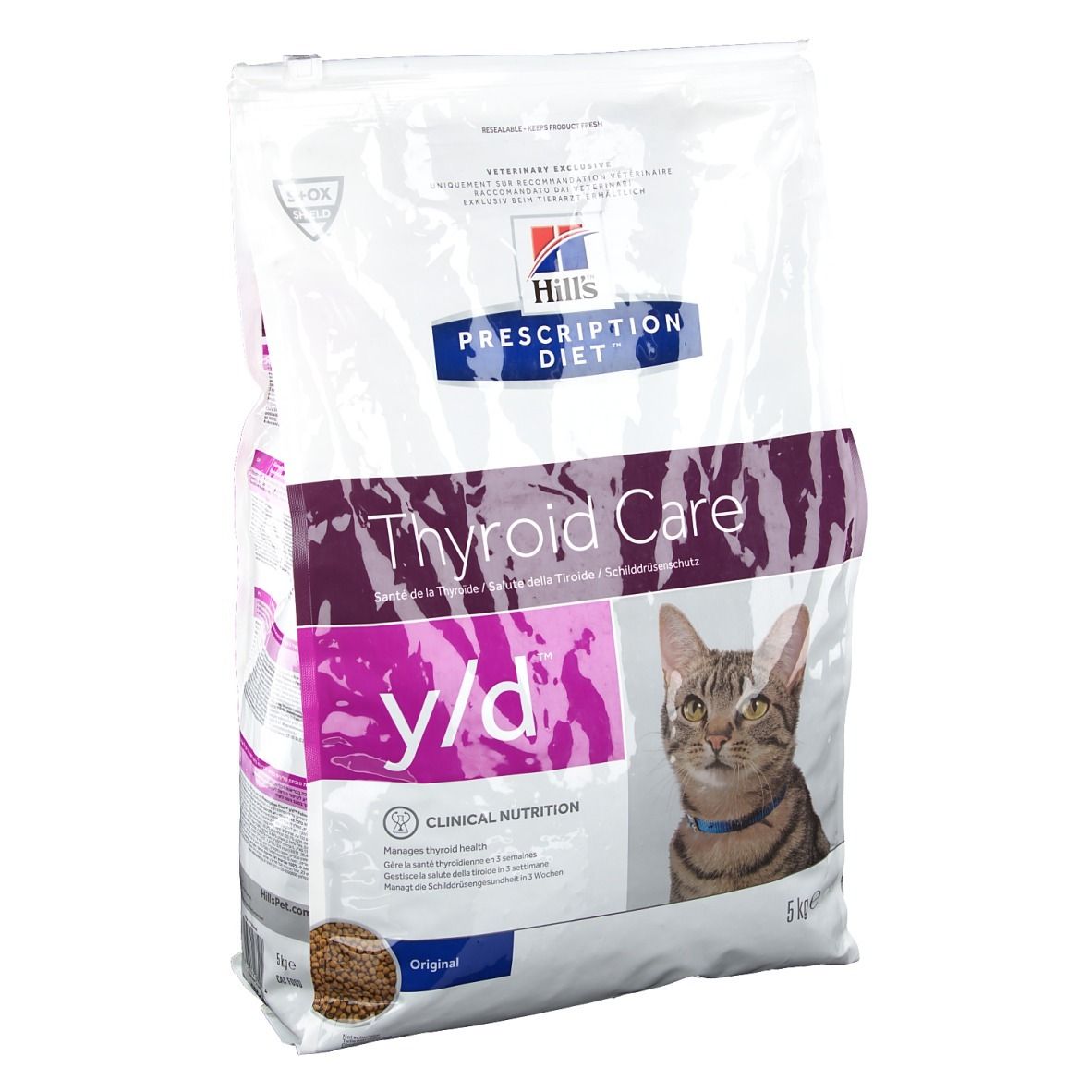 Sac de nourriture sèche. Inscription : Hills Prescription Diet y/d Thyroid Care. Image d'un chat. 5 kg.