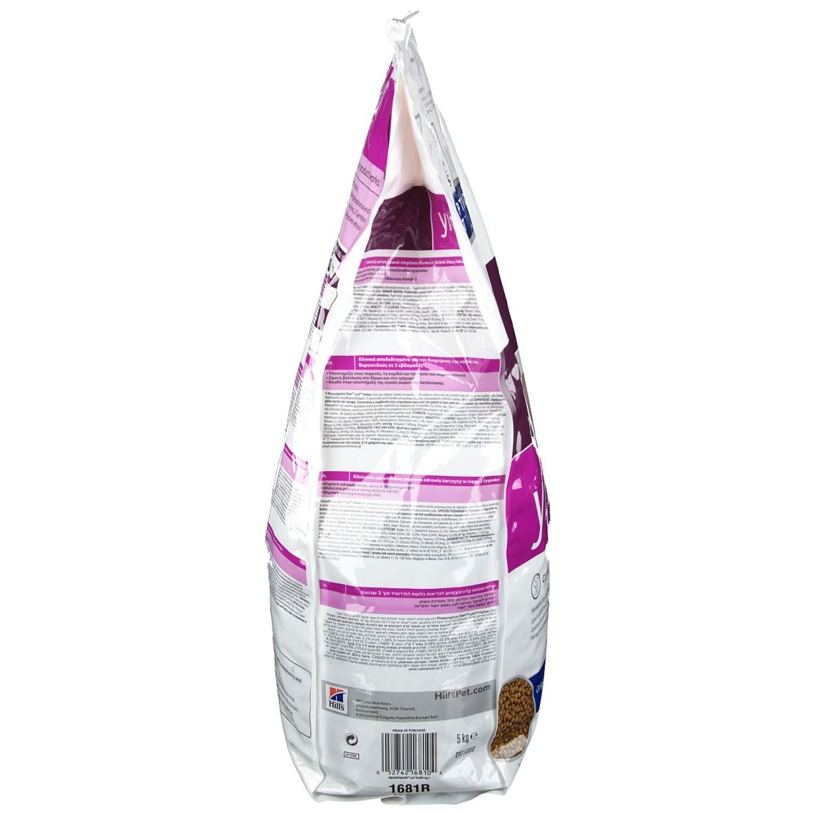 Vue latérale d'un sac de nourriture sèche. Inscription : Hills Prescription Diet y/d. Texte et logos.