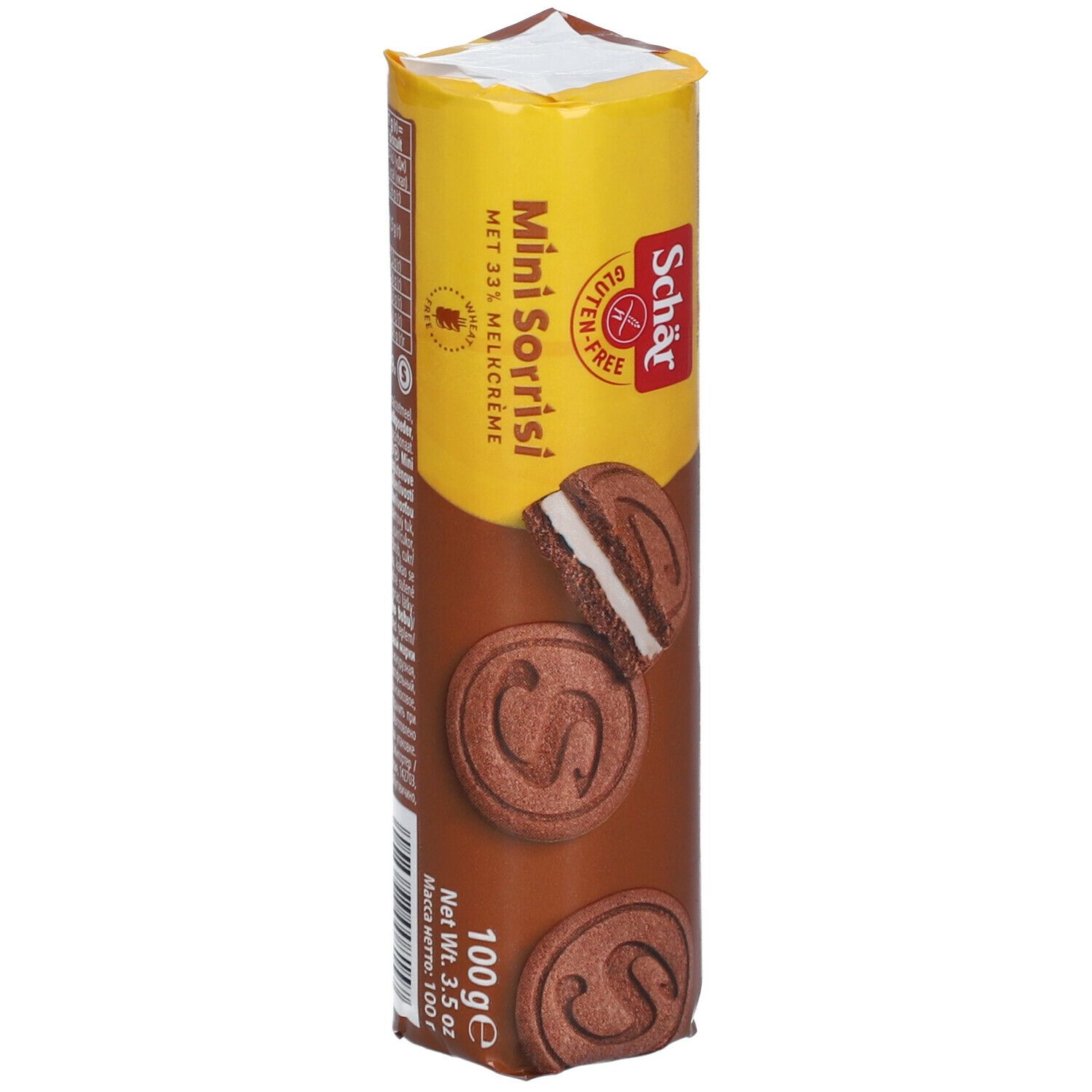 Paquet de biscuits Schär Mini Sorrisi avec crème au lait. Sans gluten. Biscuits individuels visibles.