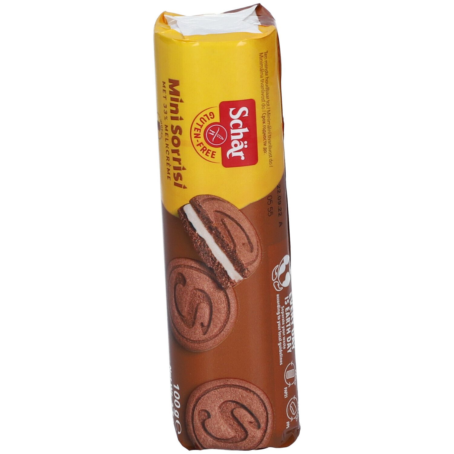 Paquet de biscuits Schär Mini Sorrisi avec crème au lait. Sans gluten. Biscuits individuels visibles.