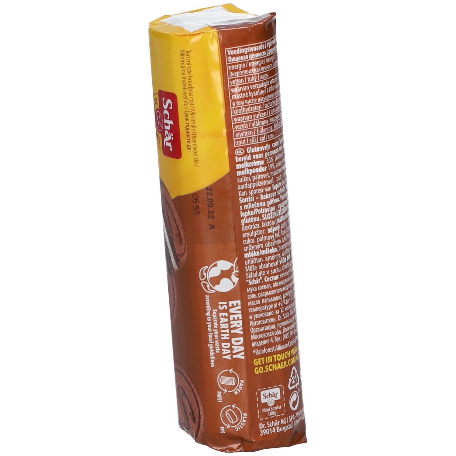 Dos du paquet de biscuits Schär Mini Sorrisi. Texte, logo et informations sur la durabilité.