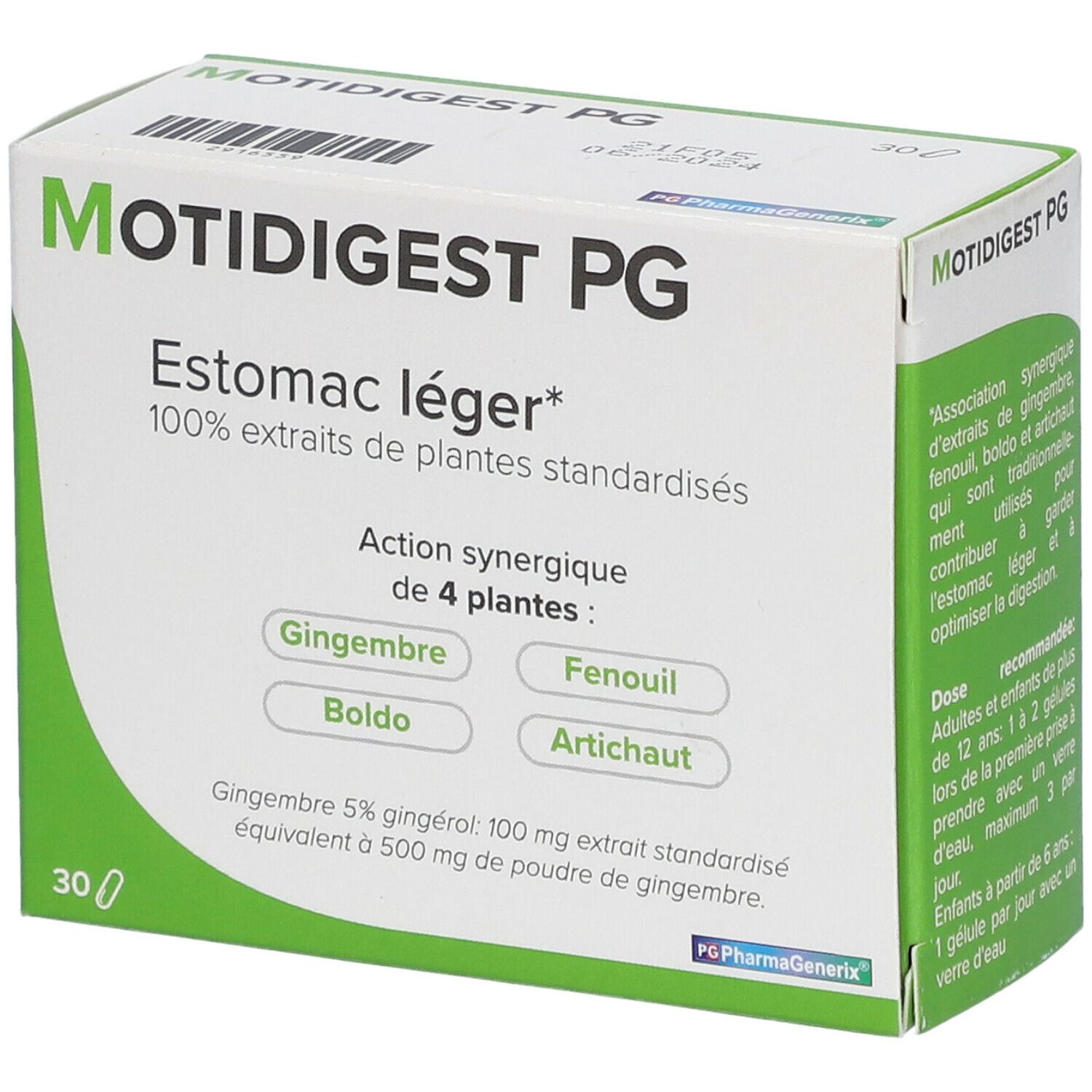 Boîte de Motidigest PG. Inscription: Estomac léger, 100% extraits de plantes standardisées. Contient 30 gélules.