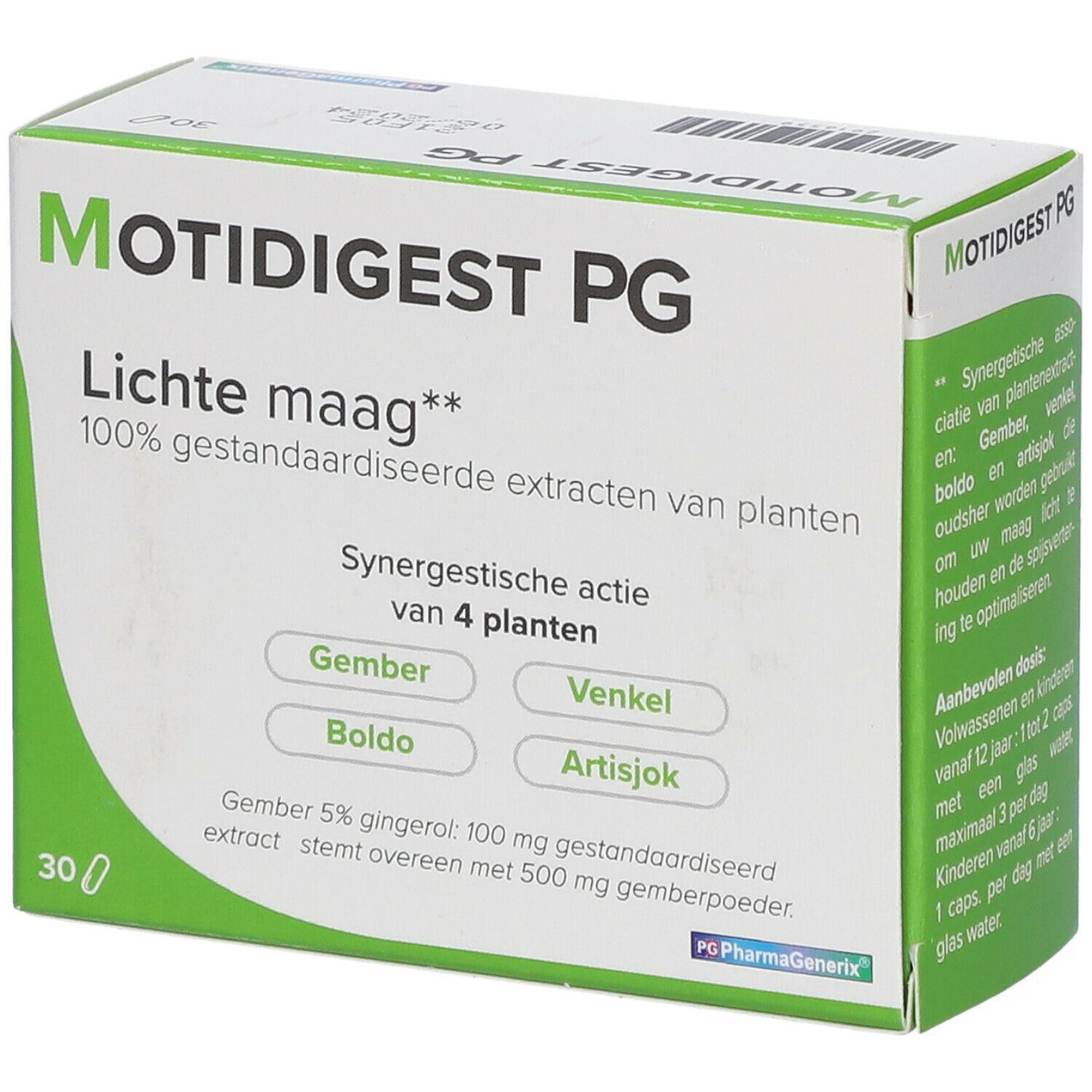 Boîte de Motidigest PG. Inscription: Lichte maag, 100% extraits de plantes standardisées. Contient 30 gélules.