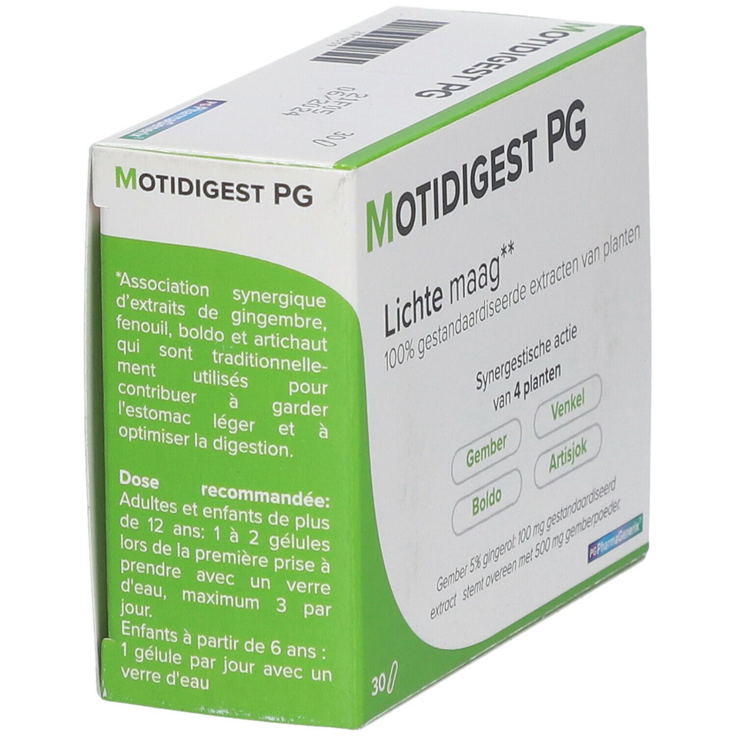Boîte de Motidigest PG. Inscription: Lichte maag, 100% extraits de plantes standardisées. Contient 30 gélules.