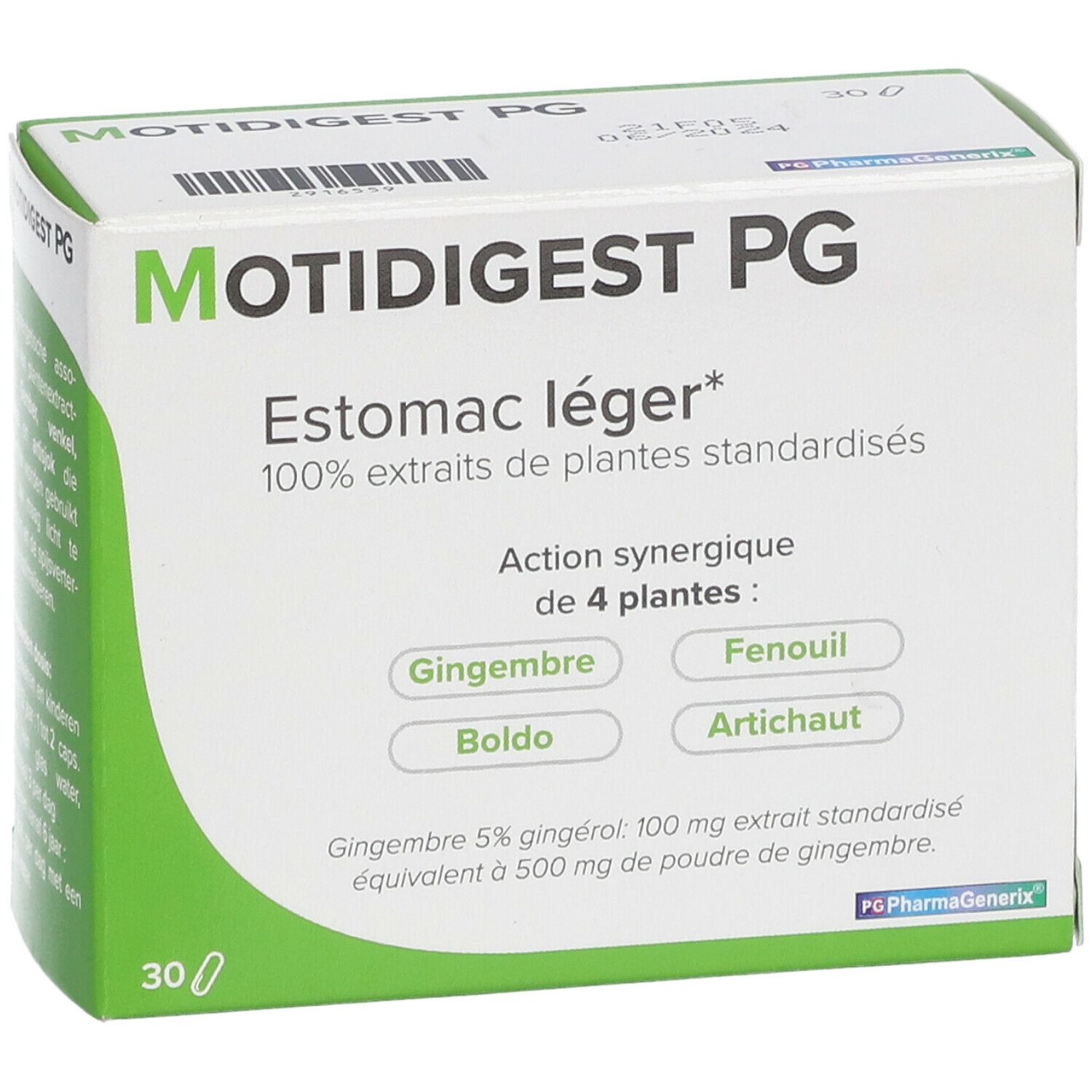 Boîte de Motidigest PG. Inscription: Estomac léger, 100% extraits de plantes standardisées. Contient 30 gélules.