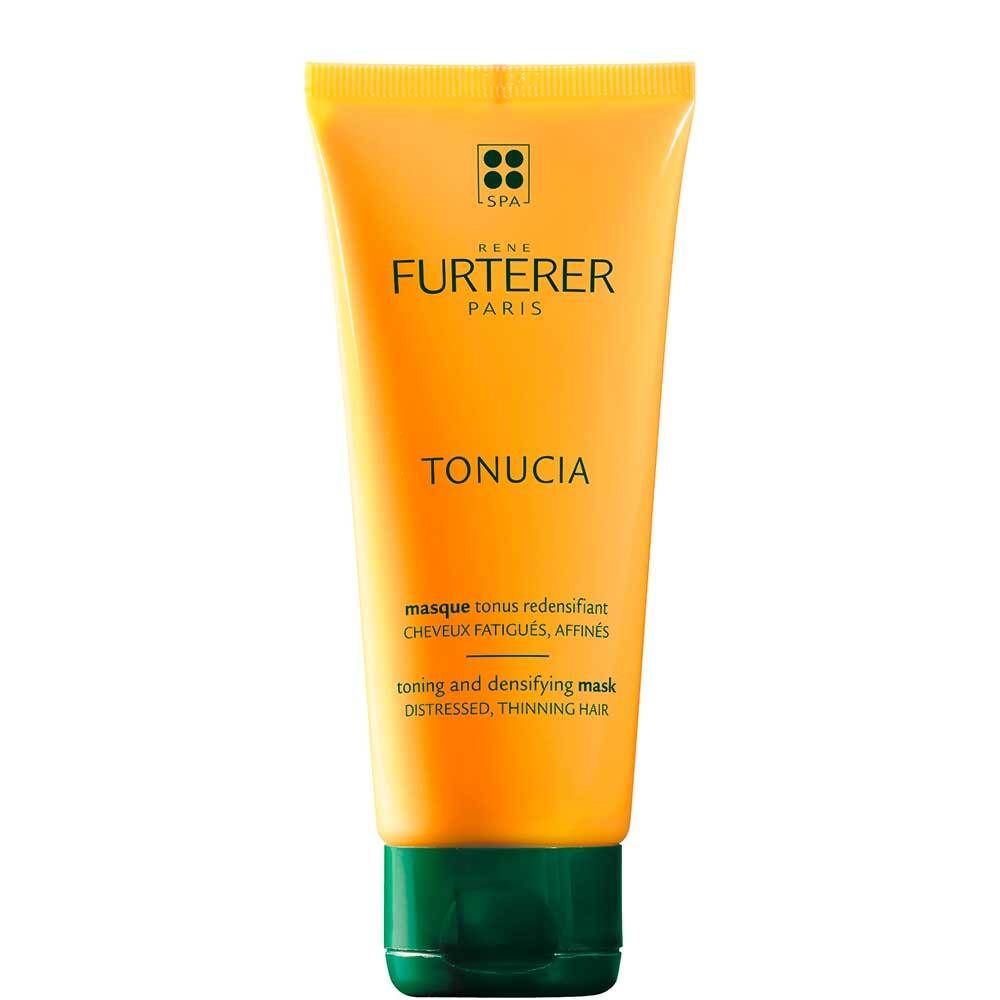 Tube jaune avec bouchon vert. Inscription : RENE FURTERER, TONUCIA. Masque pour cheveux fatigués, affinés.