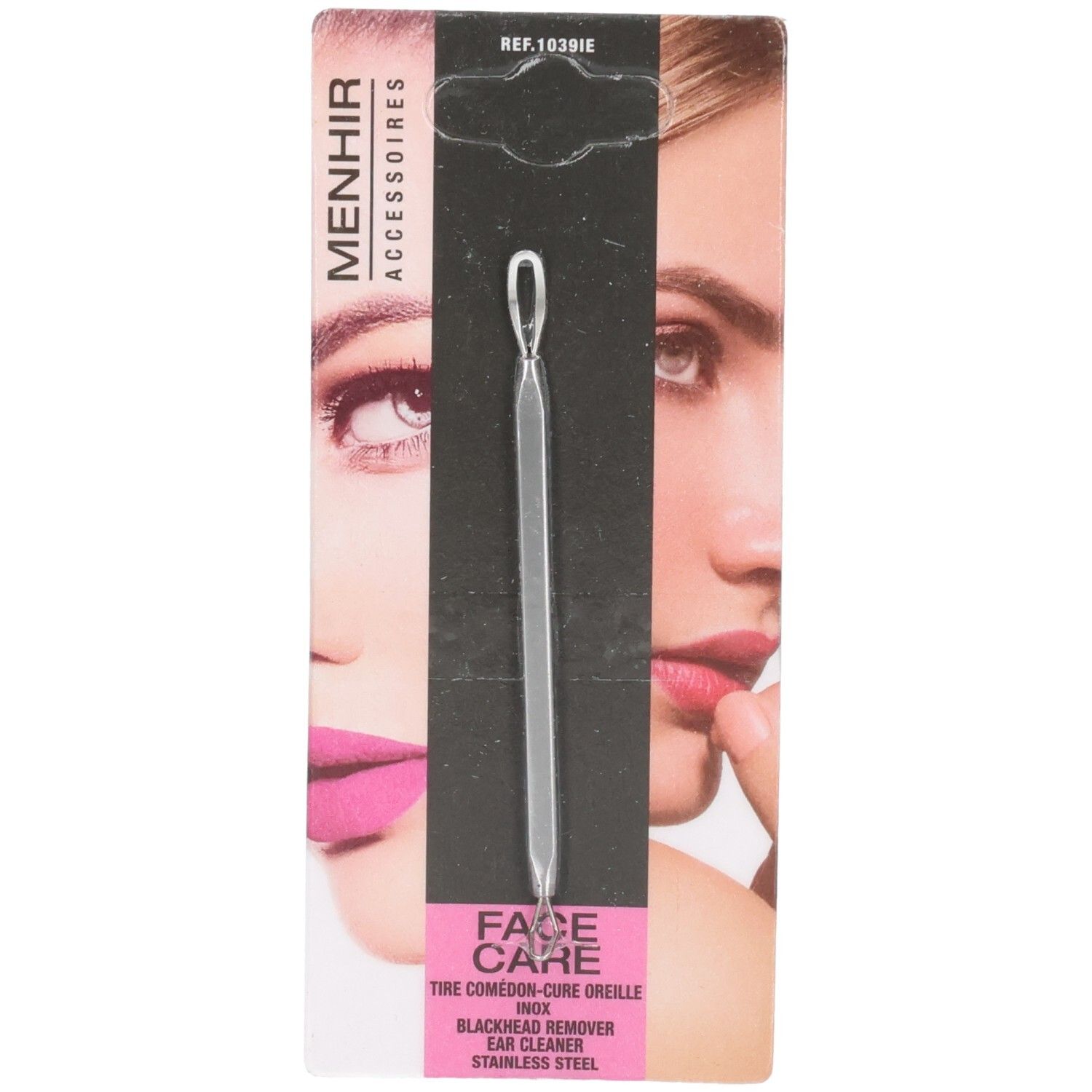 Outil de soin du visage en acier inoxydable. Boucle et pointe. Sur carte rose avec nom et marque du produit.