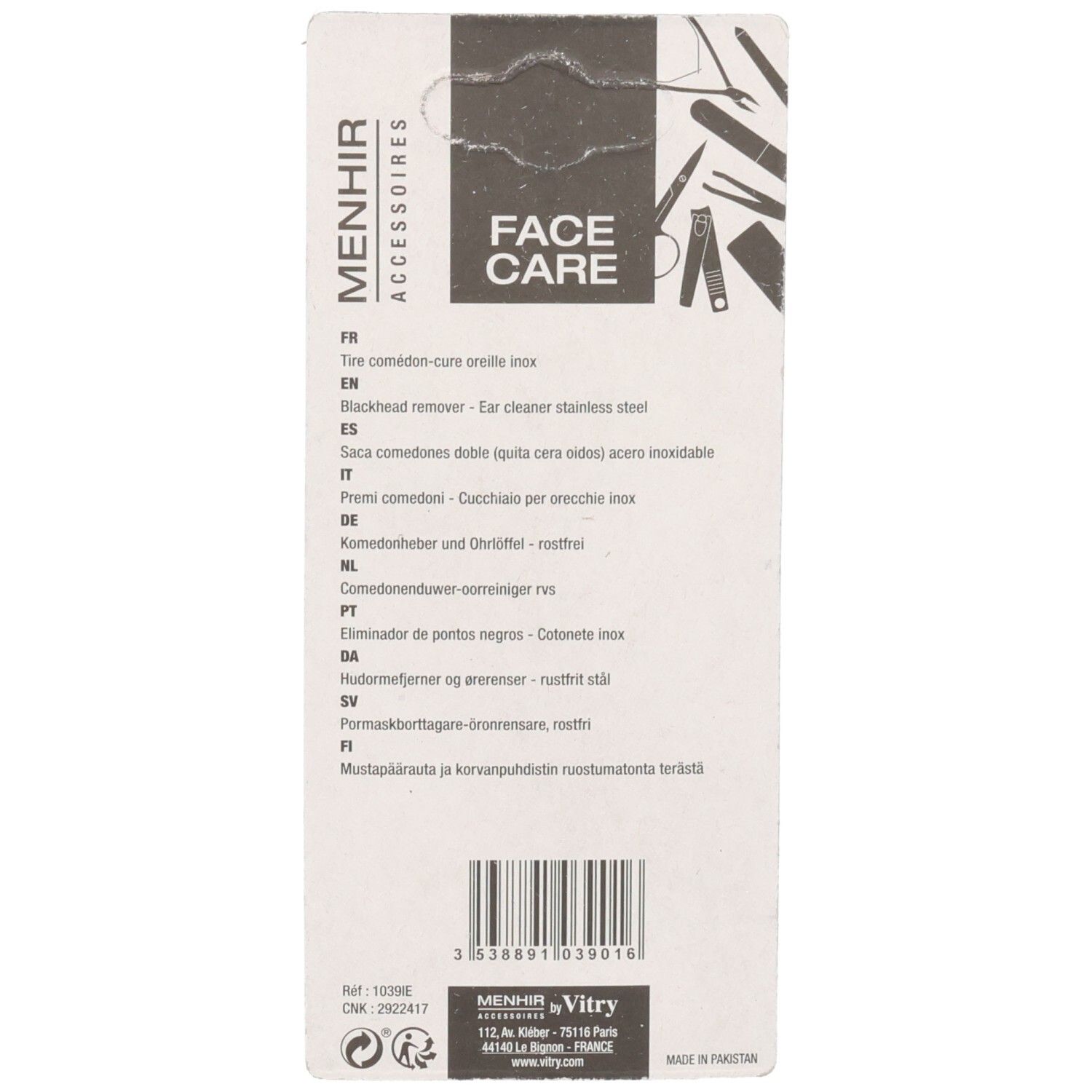 Dos de l'emballage du produit. Descriptions multilingues du produit. Informations sur la marque et le fabricant.