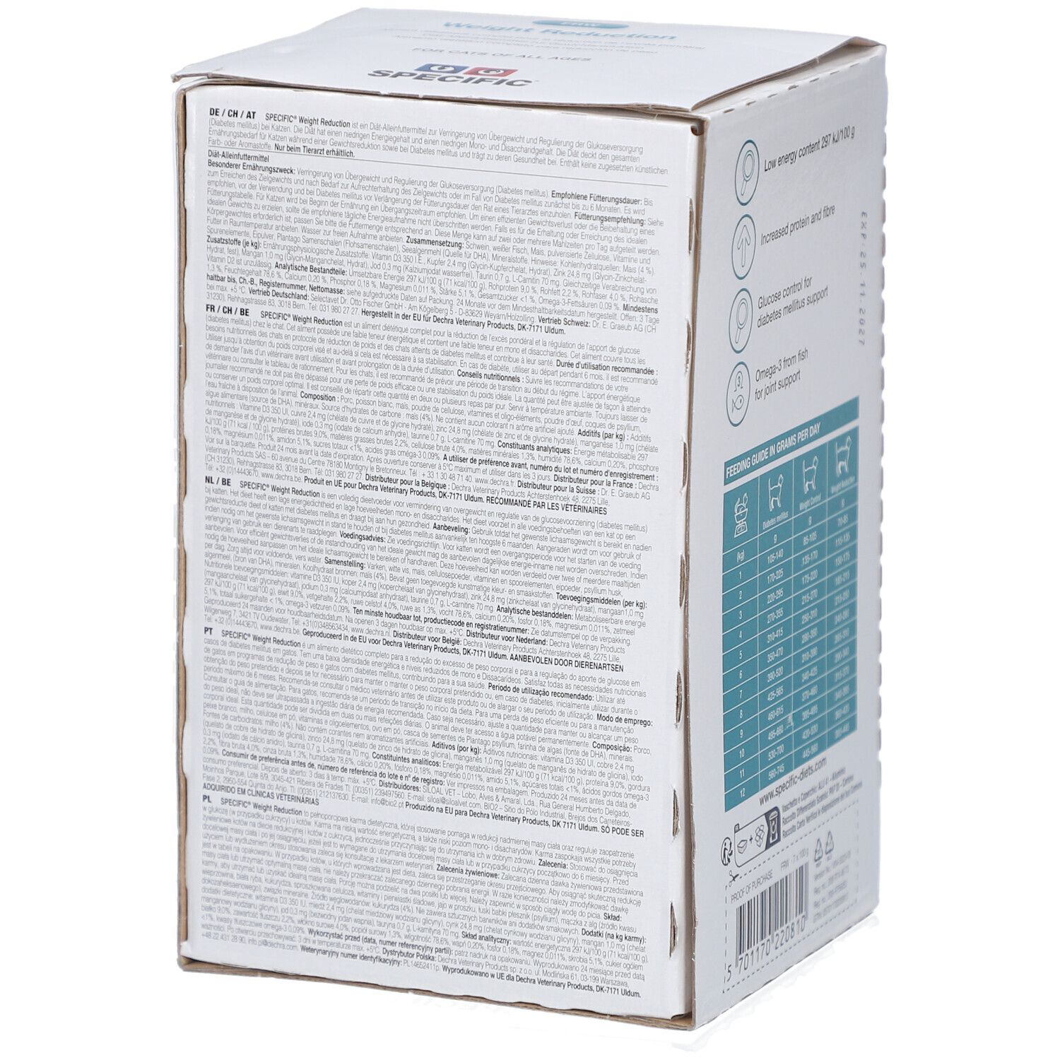 Boîte SPECIFIC Weight Reduction pour chats. Verso avec texte multilingue. Logo et certification.