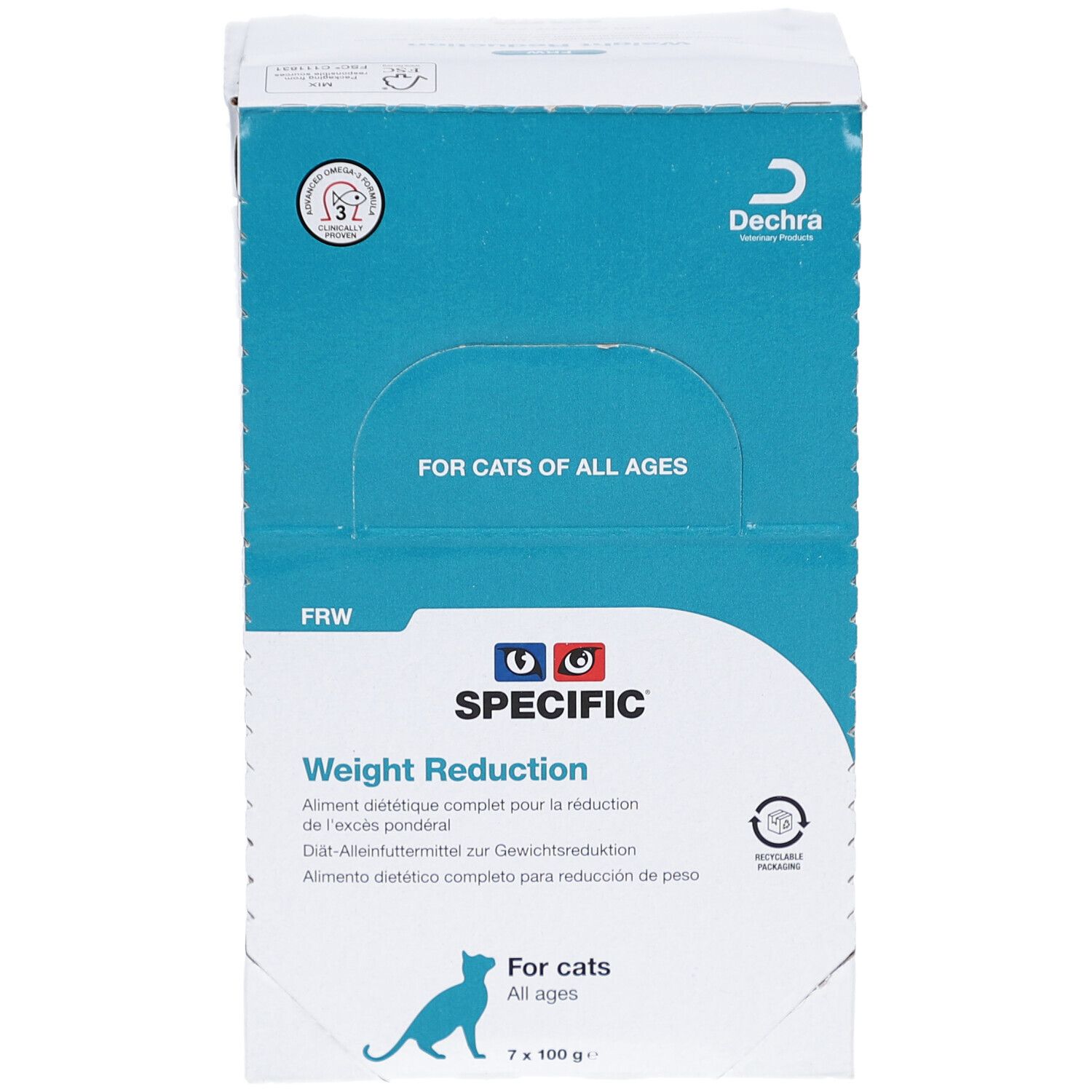 Boîte SPECIFIC Weight Reduction pour chats. Face avant avec logo, texte et chat. Contient 7 sachets de 100g.