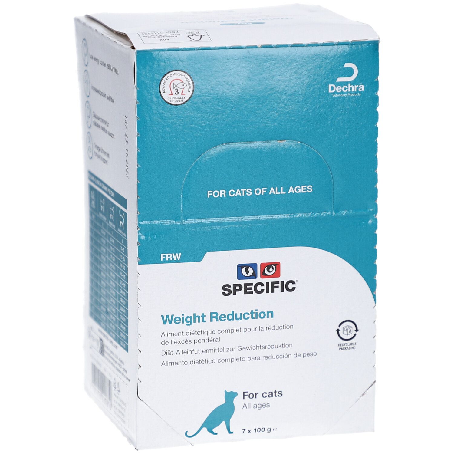 Boîte SPECIFIC Weight Reduction pour chats. Face avant avec logo, texte et chat. Contient 7 sachets de 100g.