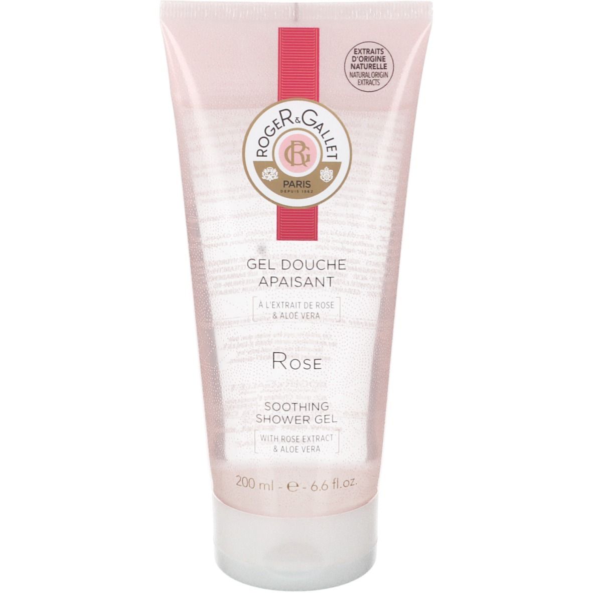 Tube de gel douche Rose. Design rose et blanc avec logo et texte. Contient de l'extrait de rose et de l'aloe vera. 200 ml.