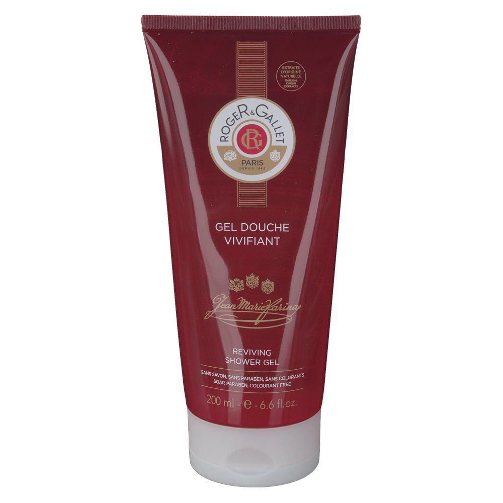Tube rouge transparent avec bouchon blanc. Inscription: Roger & Gallet, Gel Douche Vivifiant, Jean Marie Farina, Reviving Shower Gel.