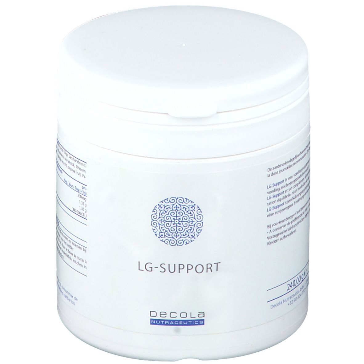 Produit cylindrique blanc. Inscription: LG-SUPPORT. Logo et nom de la marque: Decola Nutraceutics. Pot avec couvercle.