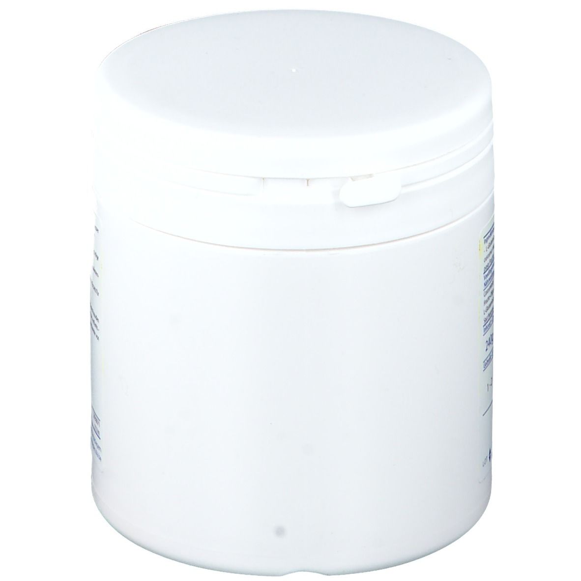 Produit cylindrique blanc avec couvercle. Vue latérale. Aucun autre détail visible.