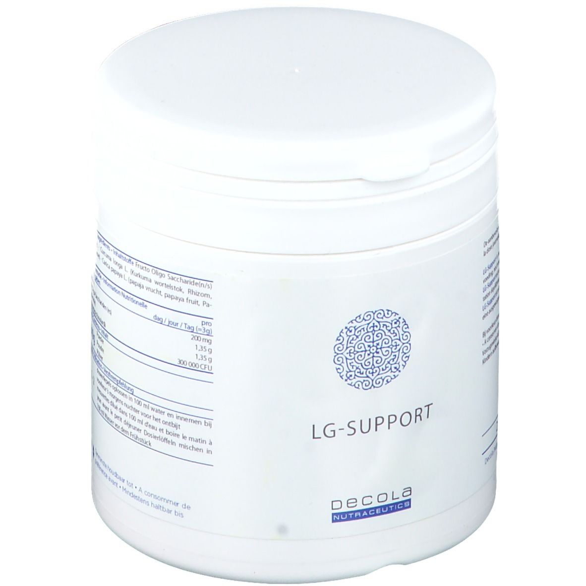 Produit cylindrique blanc. Inscription: LG-SUPPORT. Logo et nom de la marque: Decola Nutraceutics. Pot avec couvercle. Informations nutritionnelles.