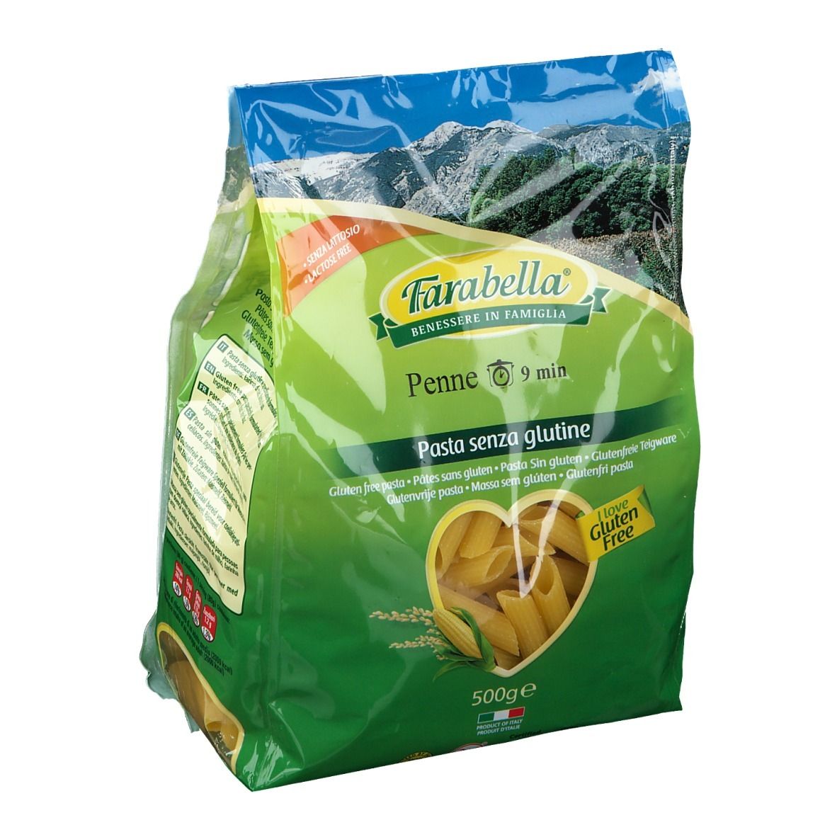 Paquet de Farabella Penne sans gluten. Emballage vert avec image du produit et logo. 500g.