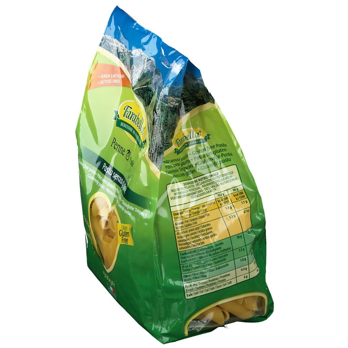 Vue oblique du paquet de Farabella Penne. Dos avec informations nutritionnelles et texte. Sans gluten.