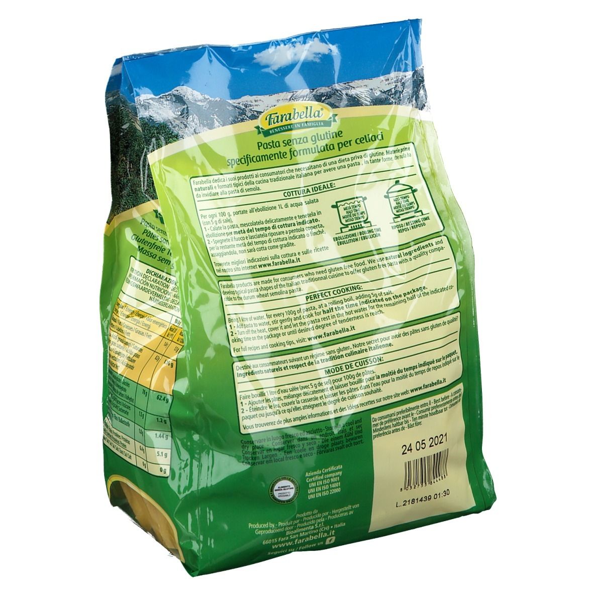 Dos du paquet de Farabella Penne. Texte avec conseils de cuisson et informations nutritionnelles. Sans gluten.