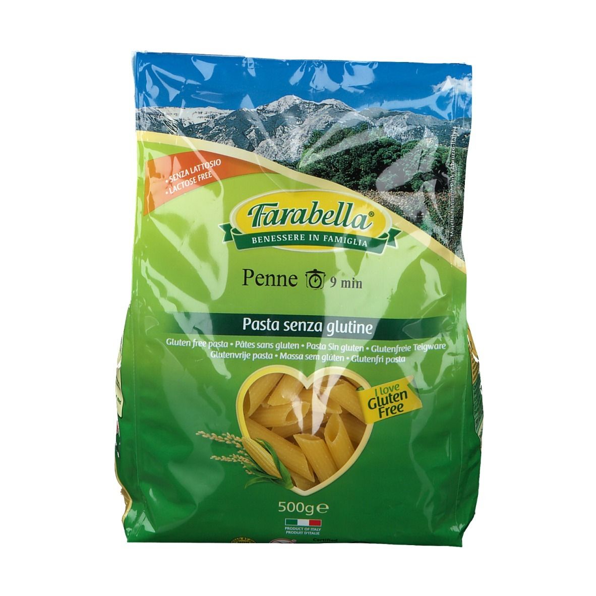Farabella Penne, sans gluten, en emballage vert. Logo et image du produit. 500g.