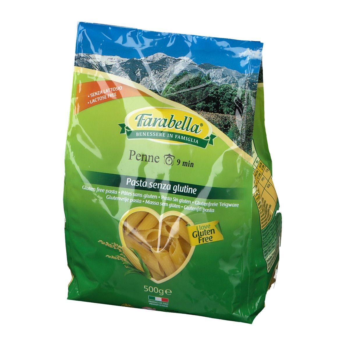 Farabella Penne, sans gluten, en emballage vert. Logo et image du produit. 500g.