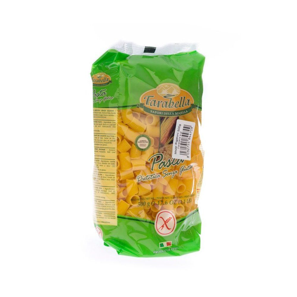 Paquet de pâtes Farabella Mezze Rigatoni sans gluten. Emballage vert avec nom du produit et symbole sans gluten.