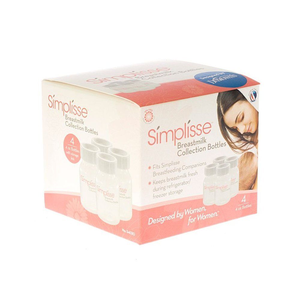 Boîte de Simplisse Breastmilk Collection Bottles. Contient 4 bouteilles. Inscription : Designed by Women, for Women.