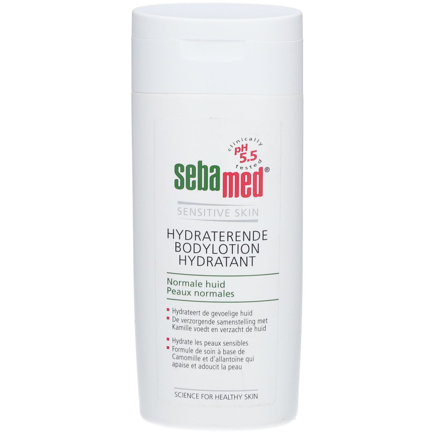 Flacon blanc Sebamed® Lait Corporel avec bouchon à clapet. Vue de face avec étiquette.